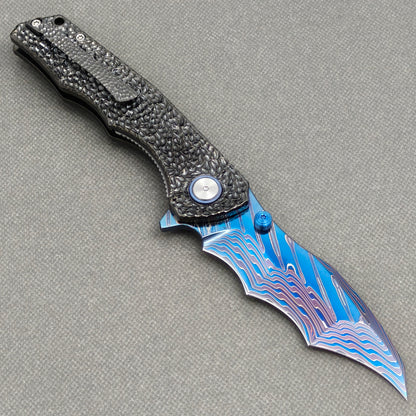 VORIXN "Cragline" (3.8" Damascus Blade)  Titanium Handle Flipper & Thumb Stud Folding Knife - KB151