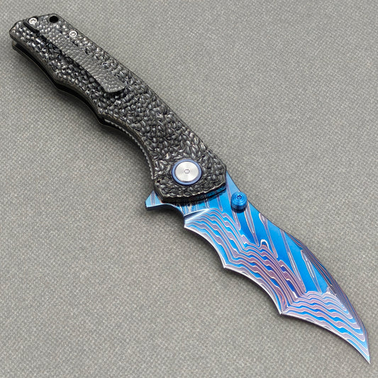 VORIXN "Cragline" (3.8" Damascus Blade)  Titanium Handle Flipper & Thumb Stud Folding Knife - KB151
