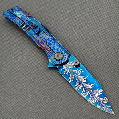 Vorixn "Aurora Black" Flipper & Thumb Stud Knife Hand-Flamed Zirconium Handle (3.8" Feather Damascus Blade) KB112