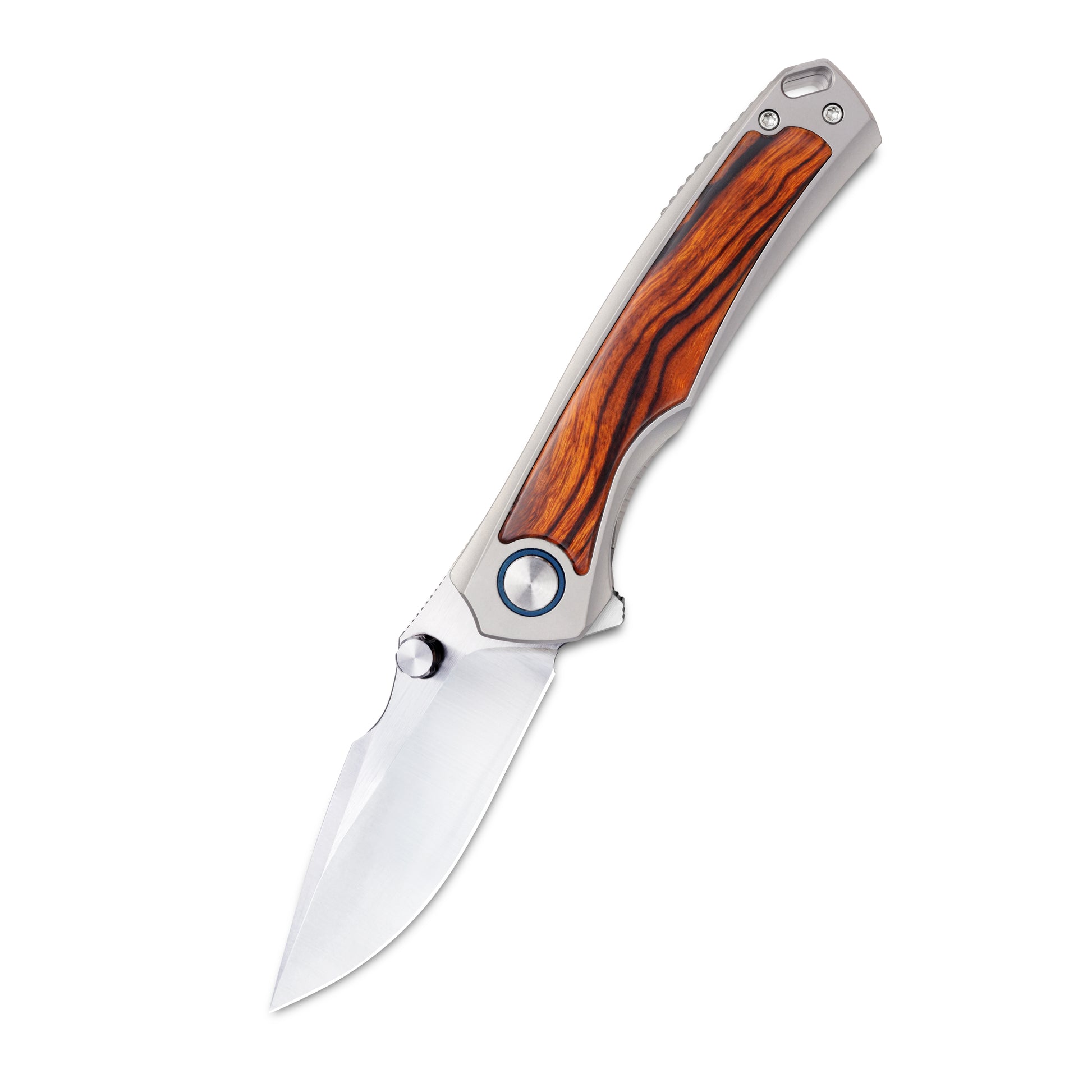 VORIXN Ironwood Crest folding knife open on non-clip side, VG10 blade angled downward showcasing clean blade profile