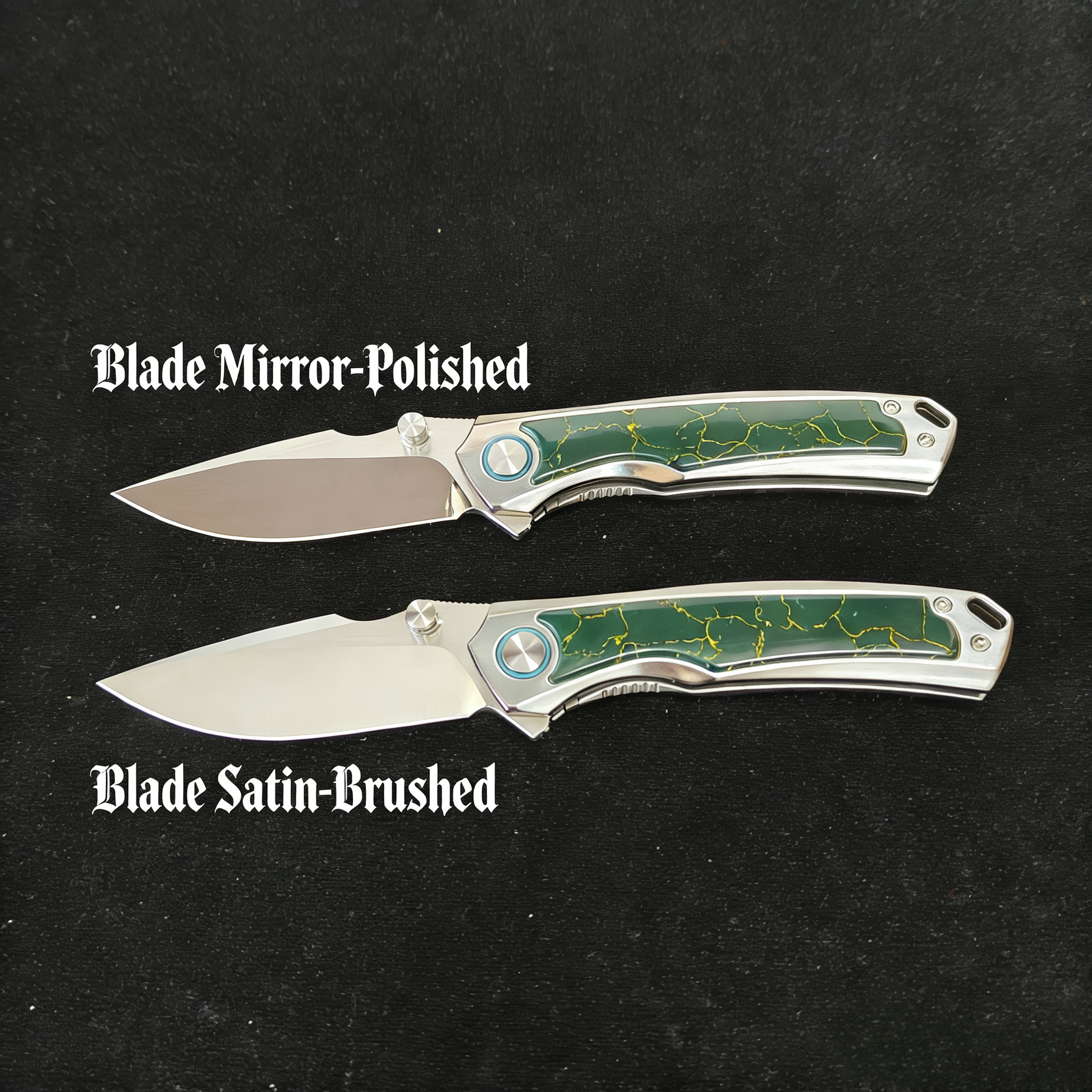 VORIXN Verdant folding knife open non-clip side with blade in horizontal position, two knives in parallet horizontally, one with blade mirror-polished, another one with blade satin-burshed