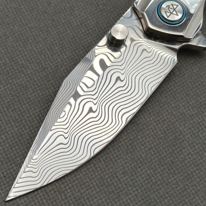 VORIXN "Ocean Mirage" Flipper & Thumb Stud Knife White Mother-of-pearl Inlaid Titanium Handle (3.8" Damascus Blade) KB084