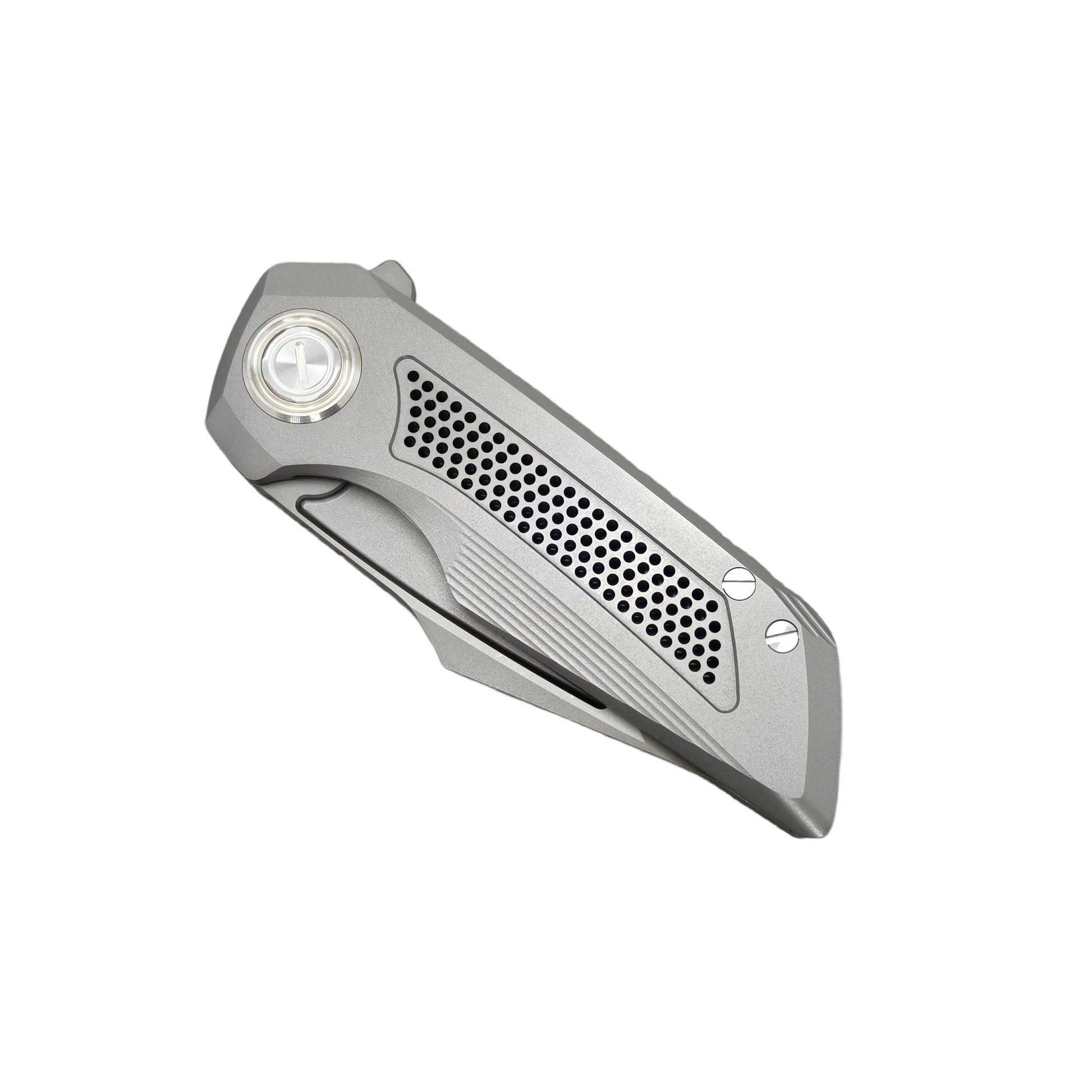 VORIXN Aerial KB072 closed folding knife, non-clip side, full titanium handle pattern display