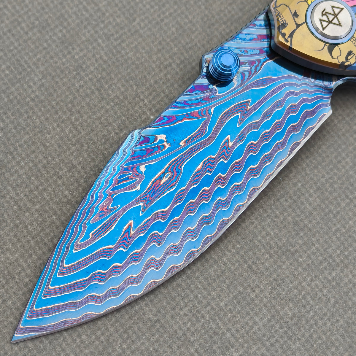 VORIXN "Echoshroud" (3.8" Damascus Blade)  Titanium Handle Flipper & Thumb Stud Folding Knife - KB156