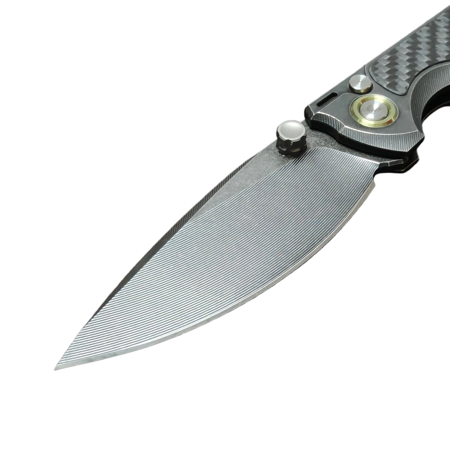 9. VORIXN KB077 blade close-up showing CNC milled texture and black PVD coating on Bohler M390 steel