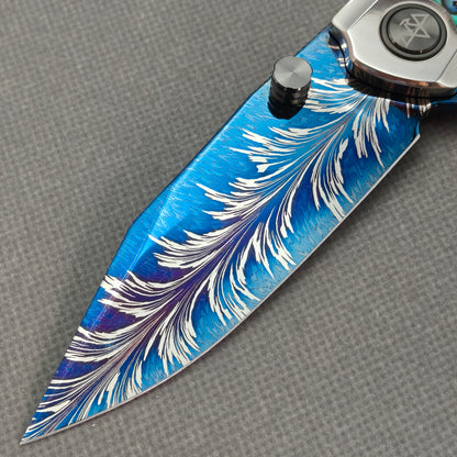 VORIXN "Ocean Aurora" Flipper & Thumb Stud Knife Deep-sea Abalone Shell Inlay Titanium Handle (3.8" Feather Damascus Blade) KB111