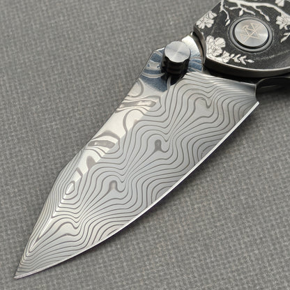 Vorixn "Yokai" Flipper & Thumb Stud Knife Laser-Engraved & Hand-Inlaid Copper Accents Titanium Handle (3.4" Damascus Blade) KB106