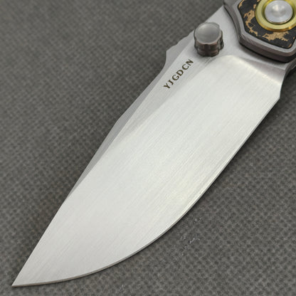 RIHE Design Folding Knife Titanium+Gold Flake Carbon Fiber Inlay Handle (3.6" M390 Blade) KB107