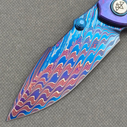 VORIXN "Rimewave" (3.8" Damascus Blade)  Crystallized Titanium Handle Flipper & Thumb Stud Folding Knife - KB141