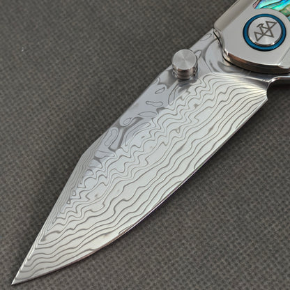 VORIXN "Ocean Mirage" Flipper & Thumb Stud Knife Deep-sea Abalone Shell Inlay Titanium Handle (3.7" Damascus Blade) KB108