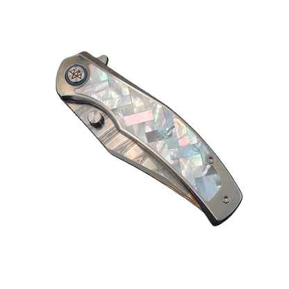 VORIXN "Ocean Mirage" Flipper & Thumb Stud Knife White Mother-of-pearl Inlaid Titanium Handle (3.9"  Cu-Mai  Blade) KB068