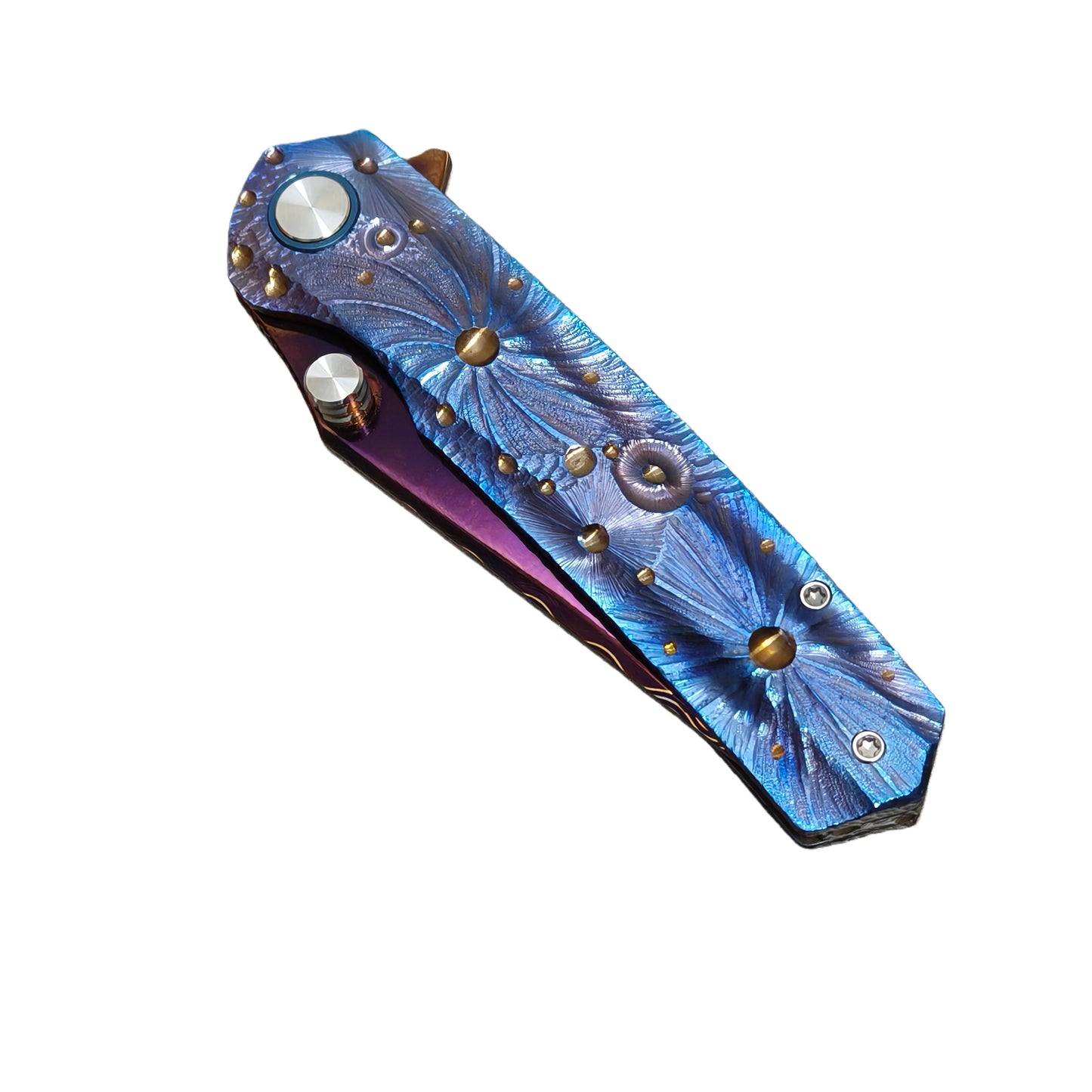 VORIXN Impact Origin titanium Damascus pocket knife closed, full handle pattern display, non-clip side