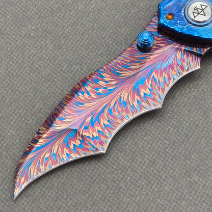 VORIXN "Skyvein" (3.8" Damascus Blade)  Titanium Handle Flipper & Thumb Stud Folding Knife - KB148