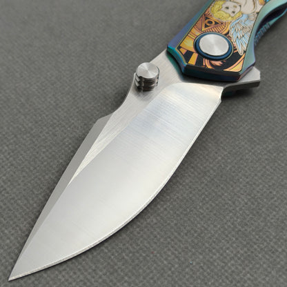Vorixn "Halo" Flipper & Thumb Stud Knife Titanium-Engraved Anodized Coloring Handle (3.7"10Cr15CoMo Blade) KB078