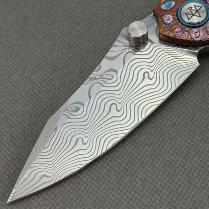 VORIXN "Prism" (3.5" Damascus Blade) Hand-Engraved & Anodized Titanium Handle Flipper & Thumb Stud Folding Knife - KB121