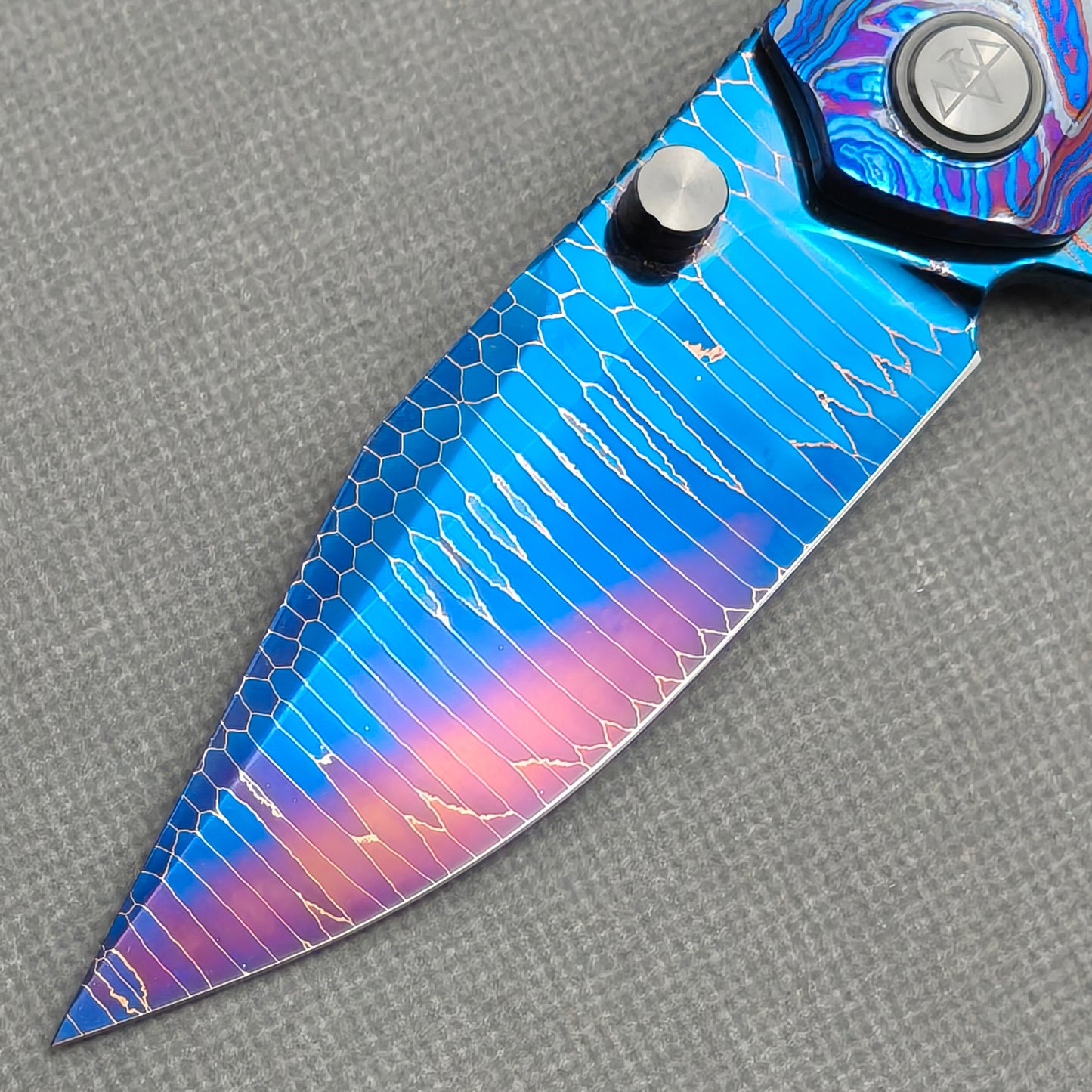 Vorixn "Celestial Current" Flipper & Thumb Stud Knife Hand-Flamed Zirconium Handle (3.8" Damascus Blade) KB099