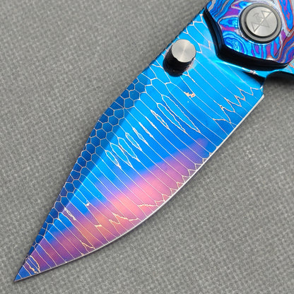 Vorixn "Celestial Current" Flipper & Thumb Stud Knife Hand-Flamed Zirconium Handle (3.8" Damascus Blade) KB099