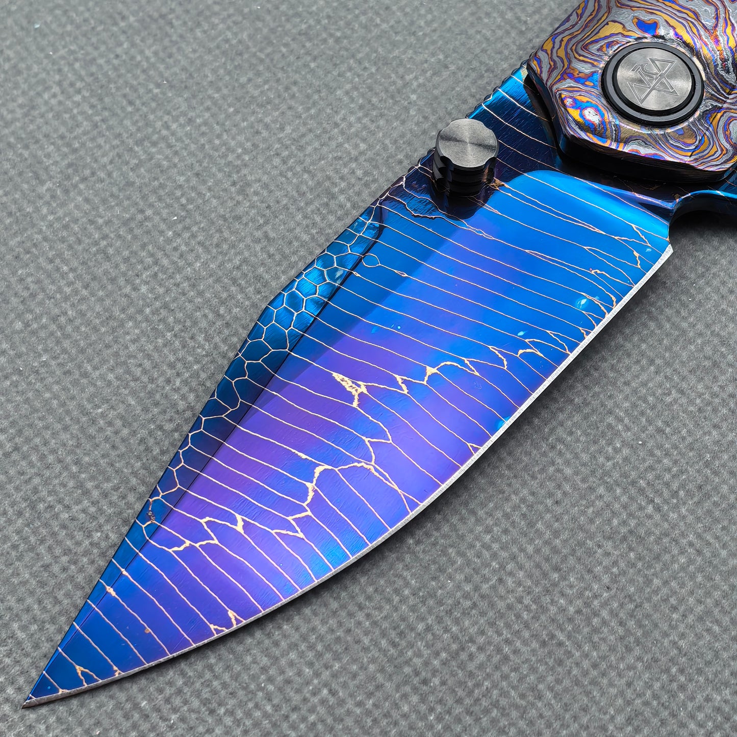 Vorixn "Celestial Vein" Flipper & Thumb Stud Knife Hand-Flamed Zirconium Handle (3.8" Damascus Blade) KB091