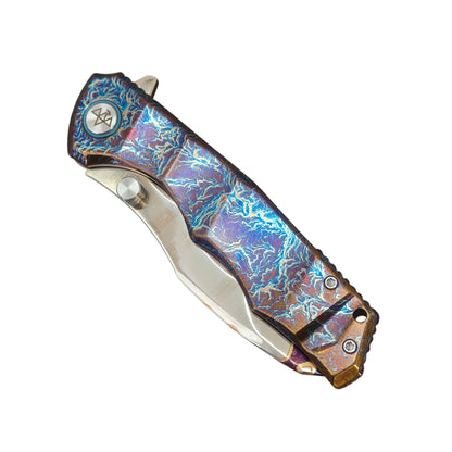 VORIXN "Drakescale" Flipper & Thumb Stud Knife Titanium Hand-Flamed Handle (3.6" Damascus Blade) KB058