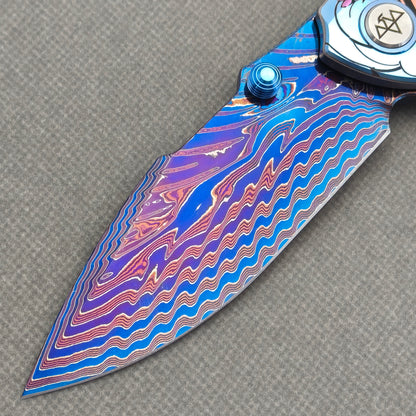 VORIXN "Tideprowler" (3.8" Damascus Blade)  Titanium Handle Flipper & Thumb Stud Folding Knife - KB155