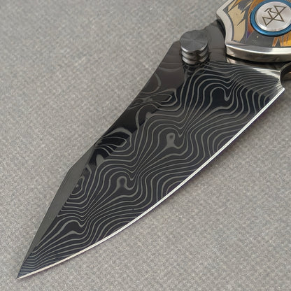 VORIXN "Valor" (3.5" Damascus DLC-Coated Blade) Engraved Titanium Handle Flipper & Thumb Stud Folding Knife - KB117