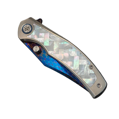 VORIXN "Ocean Mirage" Flipper & Thumb Stud Knife White Mother-of-pearl Inlaid Titanium Handle (3.9" Dragon Damascus Blade) KB067