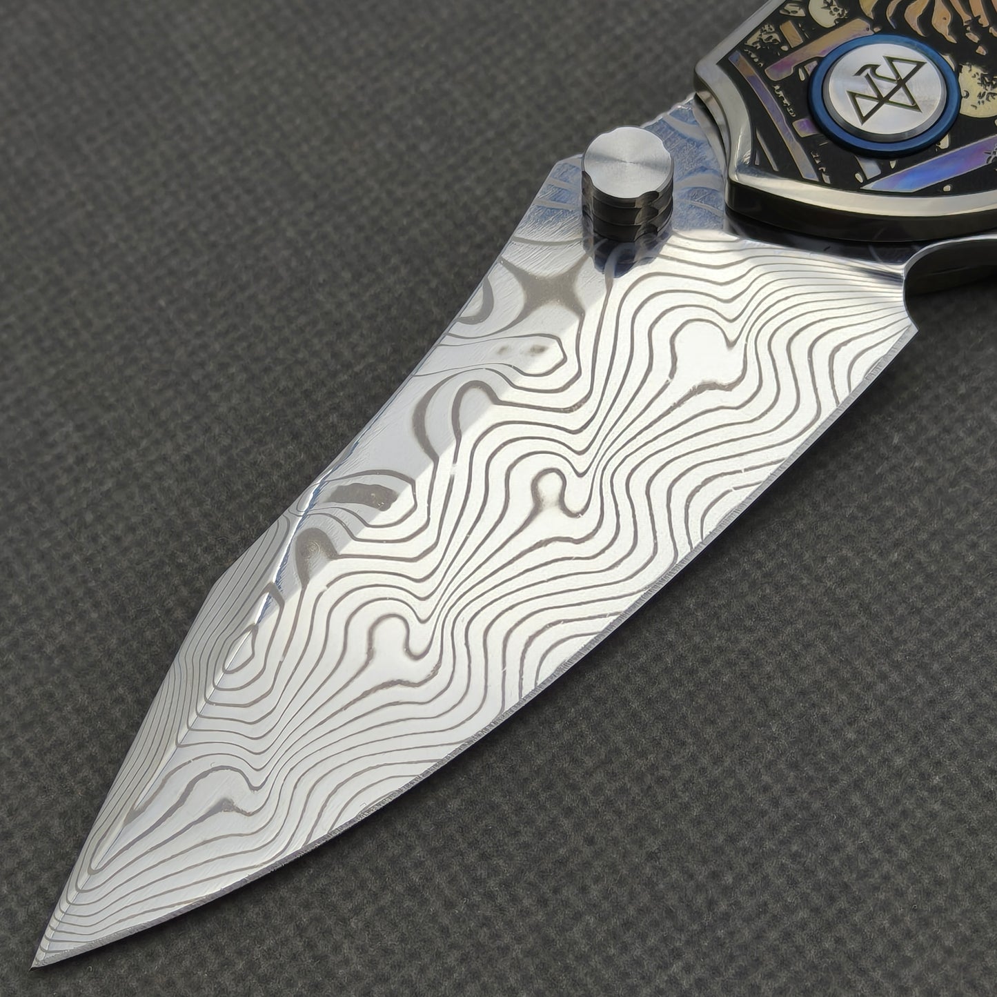 VORIXN "Dominion" (3.5" Damascus Blade) Engraved Titanium Handle Flipper & Thumb Stud Folding Knife - KB115