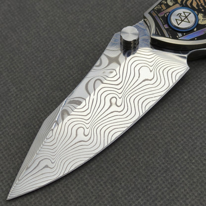 VORIXN "Dominion" (3.5" Damascus Blade) Engraved Titanium Handle Flipper & Thumb Stud Folding Knife - KB115