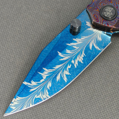 Vorixn "Aurora Black" Flipper & Thumb Stud Knife Hand-Flamed Zirconium Handle (3.8" Feather Damascus Blade) KB105