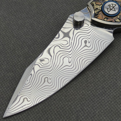 VORIXN "Requiem" (3.5" Damascus Blade) Engraved Titanium Handle Flipper & Thumb Stud Folding Knife - KB114