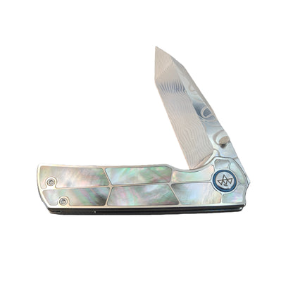 VORIXN "Forest Mirage" Flipper & Thumb Stud Knife Black Mother-of-pearl Inlaid Titanium Handle (3.4" Damascus Blade) KB059