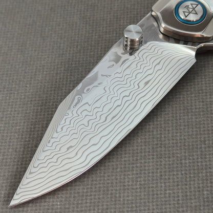 VORIXN "Ocean Mirage" Flipper & Thumb Stud Knife White Mother-of-Pearl Inlay Titanium Handle (3.7" Damascus Blade) KB109
