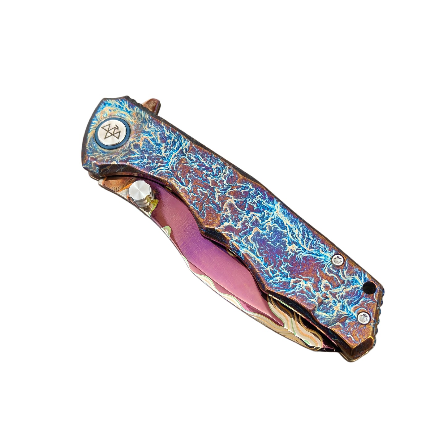 VORIXN "Drakescale" Flipper & Thumb Stud Knife Titanium Hand-Flamed Handle (3.6" Copper San Mai Dragon ScaleDamascus Blade) KB057