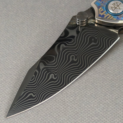 VORIXN "Reverie" (3.5" Damascus DLC-Coated Blade) Engraved Titanium Handle Flipper & Thumb Stud Folding Knife - KB116