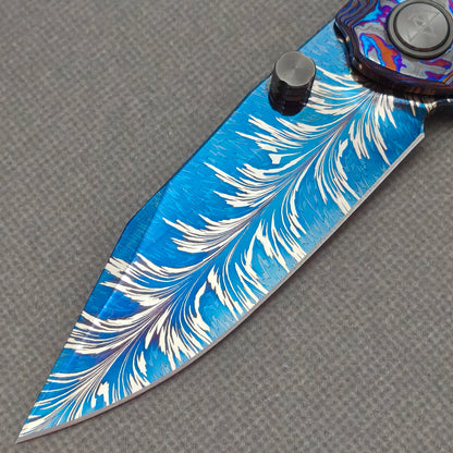 Vorixn "Aurora Black" Flipper & Thumb Stud Knife Hand-Flamed Zirconium Handle (3.8" Feather Damascus Blade) KB112