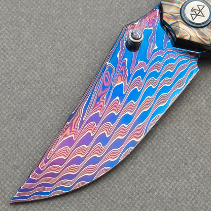 VORIXN "Chromaforge" (3.7" Damascus Blade) Hand-Flamed Titanium Handle Flipper & Thumb Stud Folding Knife - KB135