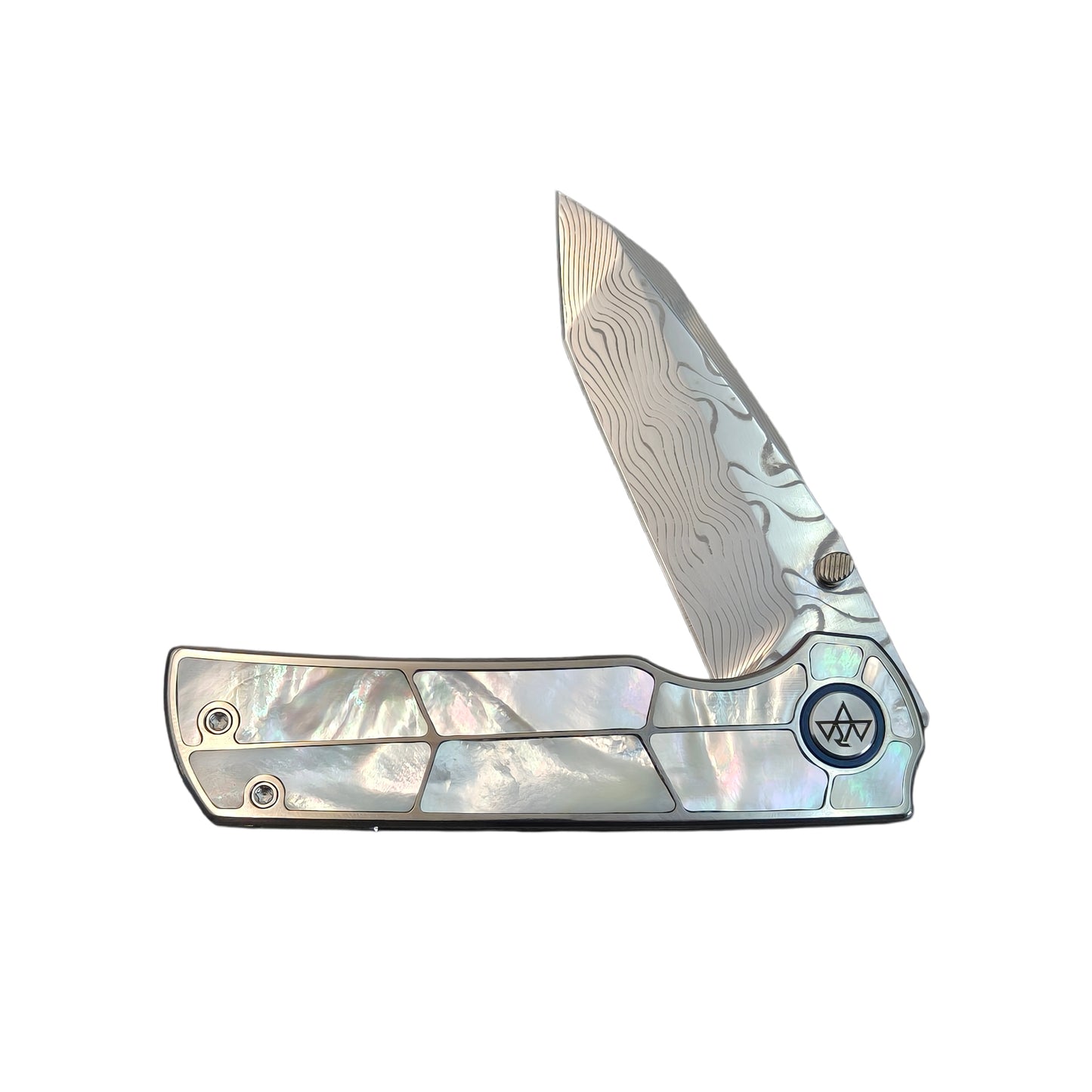 VORIXN "Forest Mirage" Flipper & Thumb Stud Knife White Mother-of-pearl Inlaid Titanium Handle (3.4" Damascus Blade) KB063