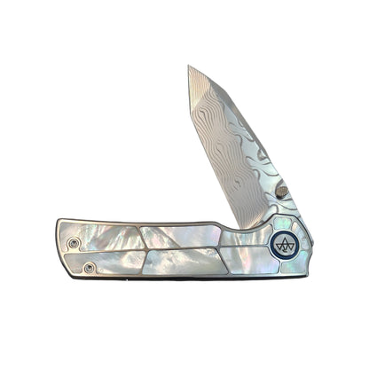 VORIXN "Forest Mirage" Flipper & Thumb Stud Knife White Mother-of-pearl Inlaid Titanium Handle (3.4" Damascus Blade) KB063