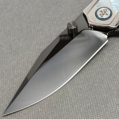 VORIXN "Ocean Mirage" Flipper & Thumb Stud Knife White Mother-of-pearl Inlaid Titanium Handle (3.8" M390 Blade) KB093