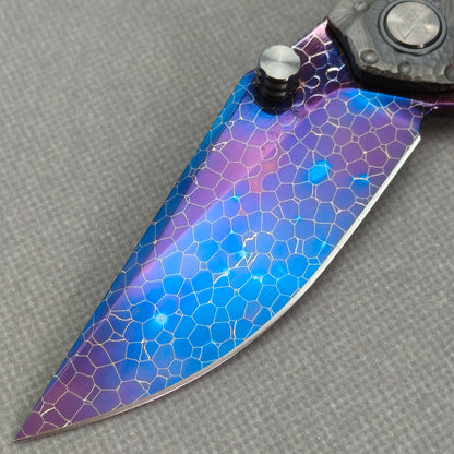 Vorixn "Impact Origin" Flipper & Thumb Stud Knife DLC-Coated Titanium-Engraved Anodized Handle (3.6" Damascus steel Blade) KB095