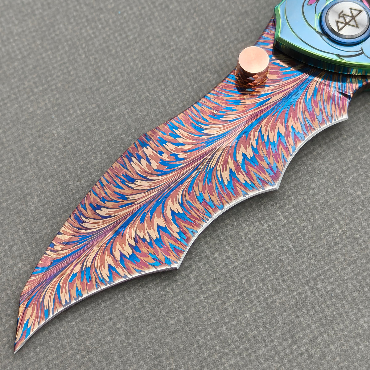 VORIXN "Wildcrest" (3.8" Damascus Blade)  Titanium Handle Flipper & Thumb Stud Folding Knife - KB146