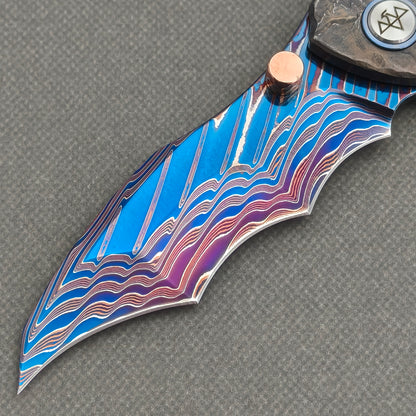 VORIXN "Fossilshade" (3.8" Damascus Blade)  Titanium Handle Flipper & Thumb Stud Folding Knife - KB153