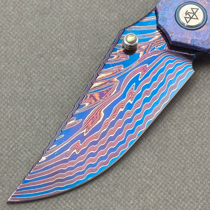 VORIXN "Rimeflare" (3.7" Damascus Blade) Crystallized Titanium Handle Flipper & Thumb Stud Folding Knife - KB132