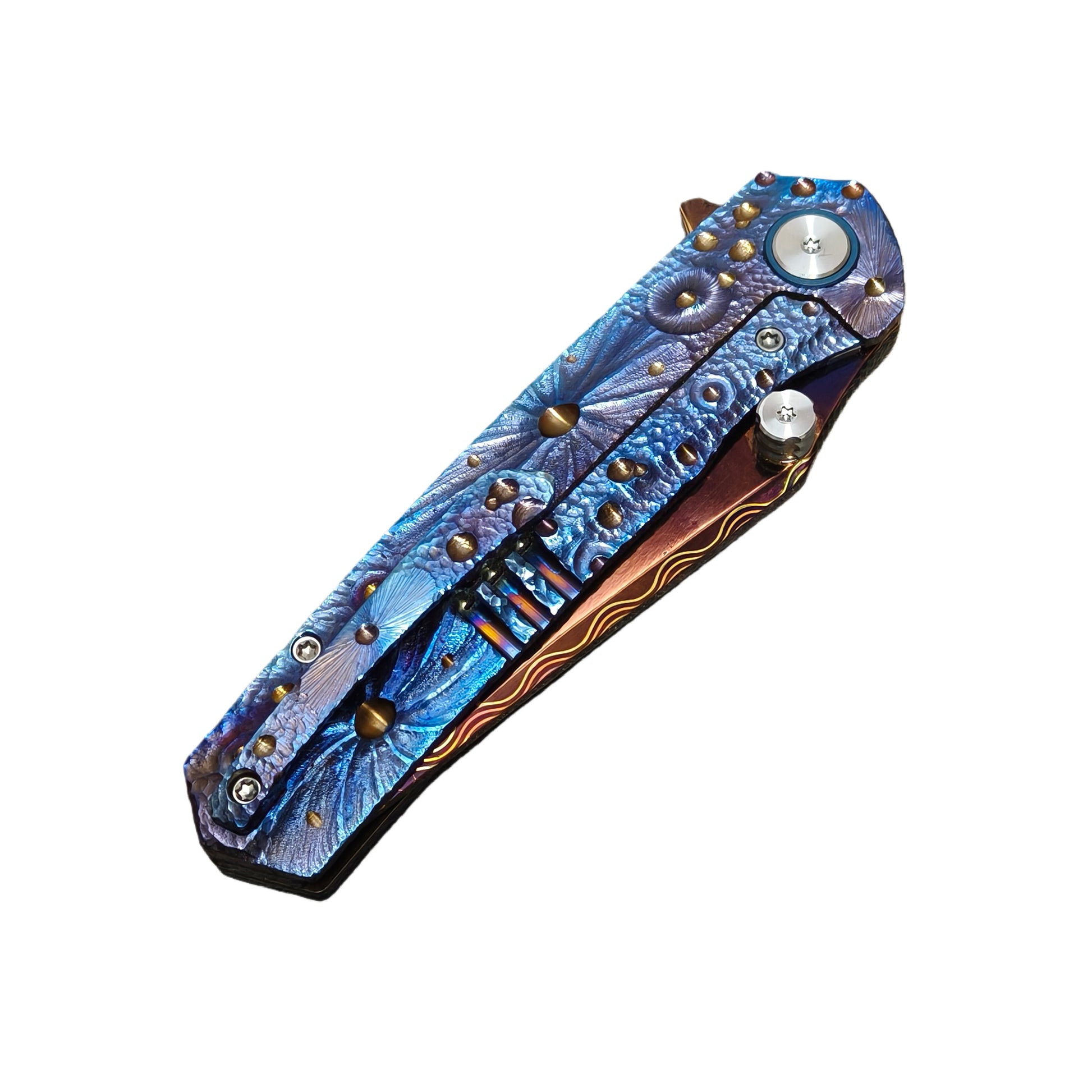 VORIXN Impact Origin titanium Damascus folding knife closed, full handle design with pocket clip side