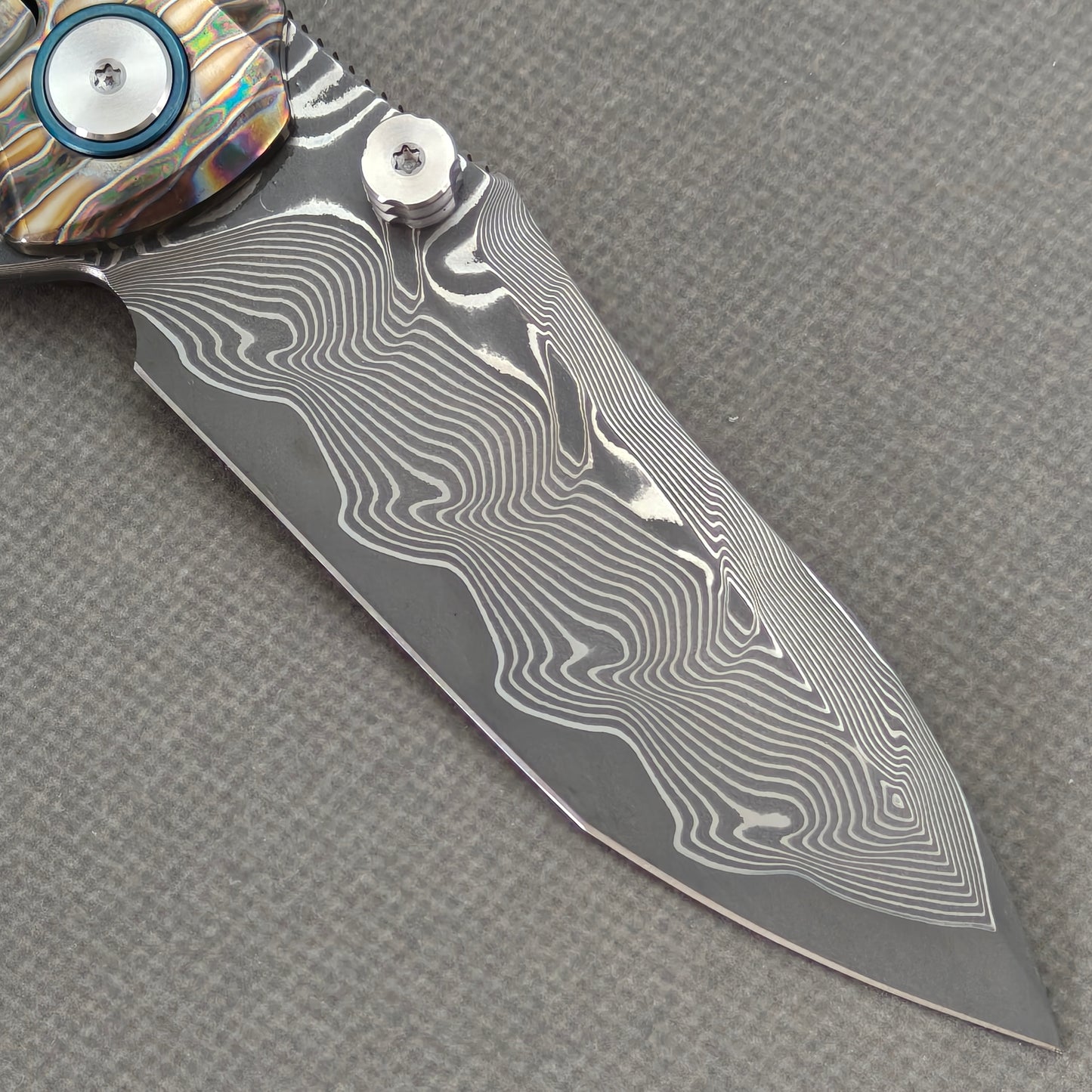 VORIXN "Flamecrest" (3.7" Damascus Blade) Hand-Flamed Titanium Handle Flipper & Thumb Stud Folding Knife - KB013