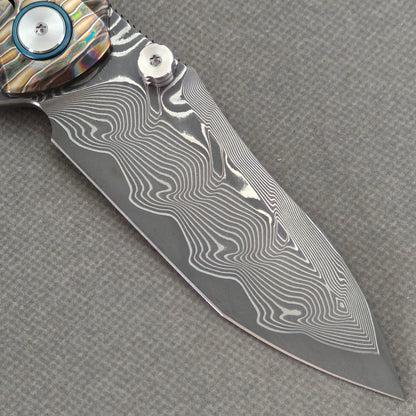 VORIXN "Flamecrest" (3.7" Damascus Blade) Hand-Flamed Titanium Handle Flipper & Thumb Stud Folding Knife - KB013