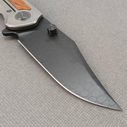 Vorixn "Ironwood Crest" Flipper & Thumb Stud Knife Titanium & Ironwood Handle (3.9" Damascus Blade) KB075