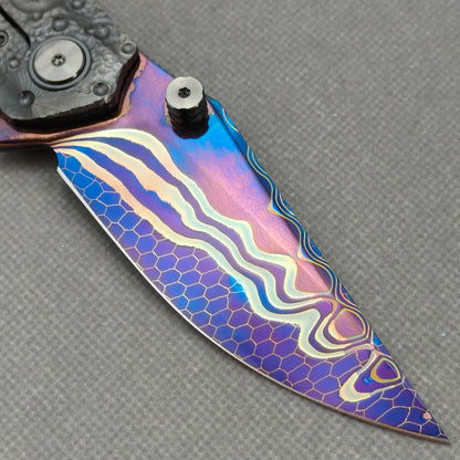 Vorixn "Impact Origin" Flipper & Thumb Stud Knife DLC-Coated Titanium-Engraved Anodized Handle (3.6" Damascus steel Blade) KB094