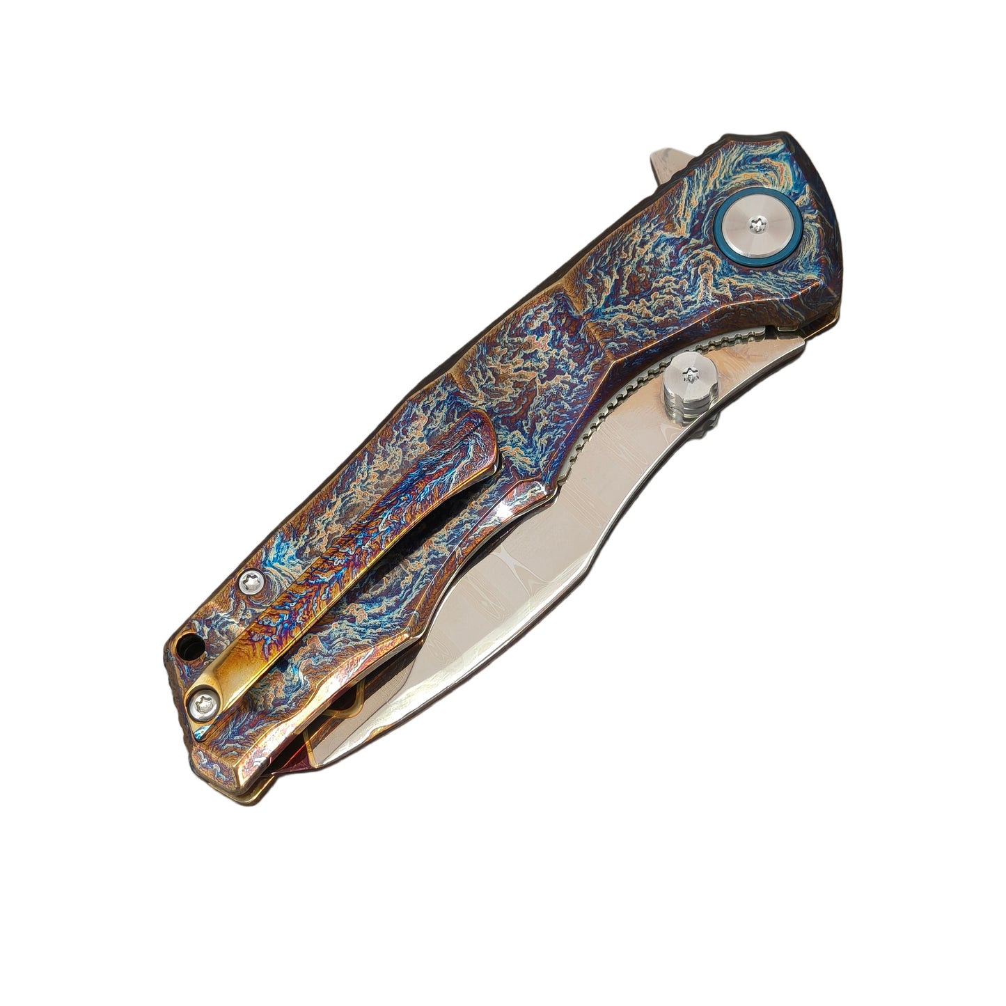 VORIXN "Drakescale" Flipper & Thumb Stud Knife Titanium Hand-Flamed Handle (3.6" Damascus Blade) KB058