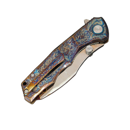 VORIXN "Drakescale" Flipper & Thumb Stud Knife Titanium Hand-Flamed Handle (3.6" Damascus Blade) KB058